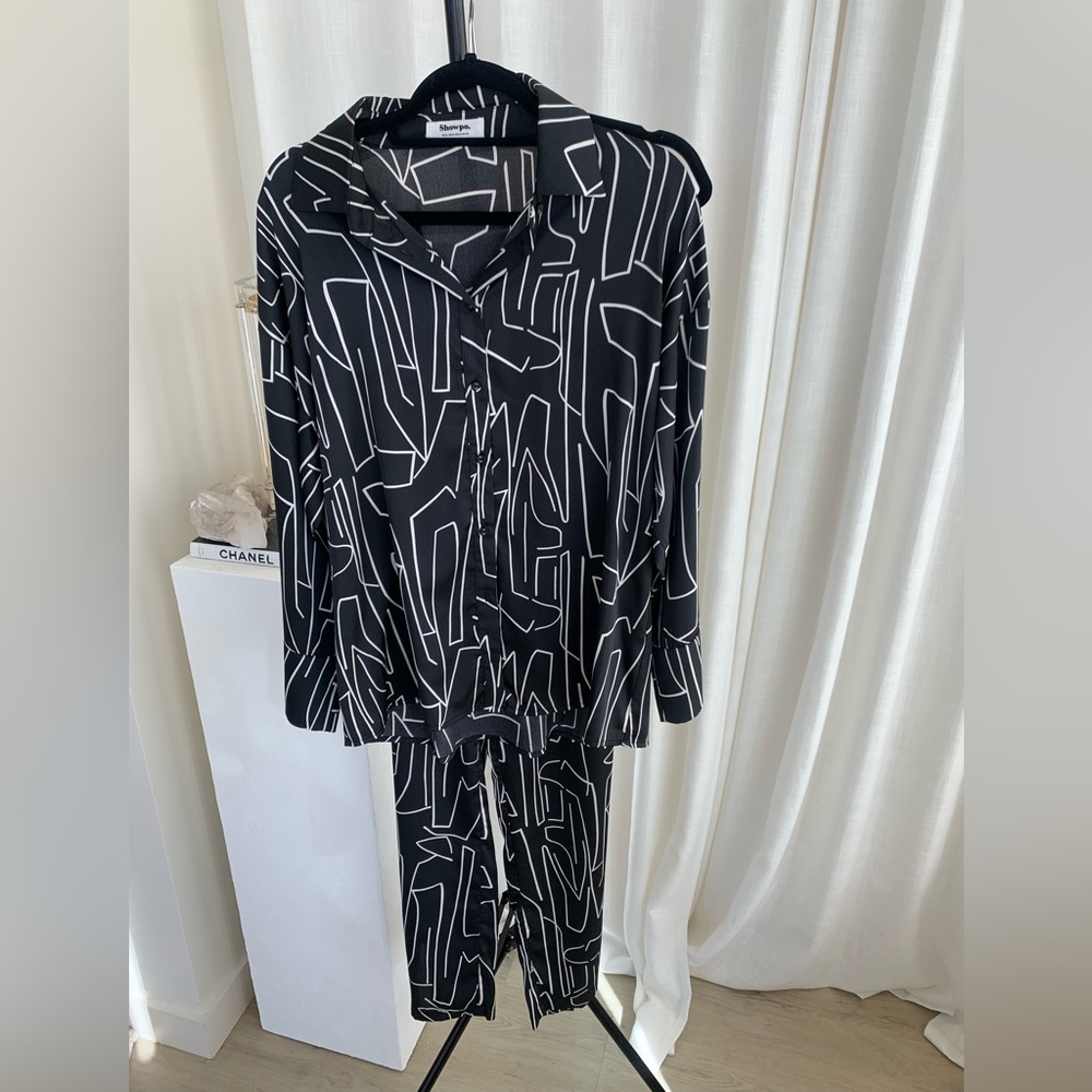 Black and White Satin Two Piece Set